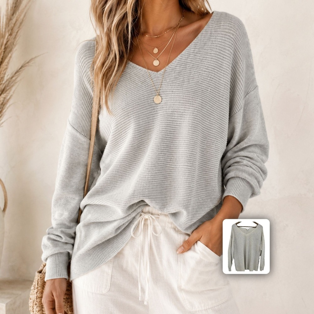 Ella Moss‎ Oversized Ribbed Sweater V-neck Cozy Knit Top Beige XXL